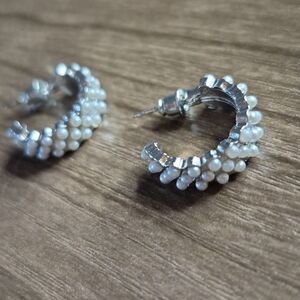 ♡♡♡Silver Alloy Pearl Bead Hoop Earrings